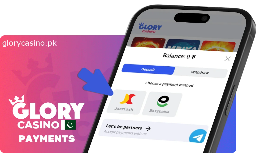 Payment methods available in the Glory Casino app for Pakistani players