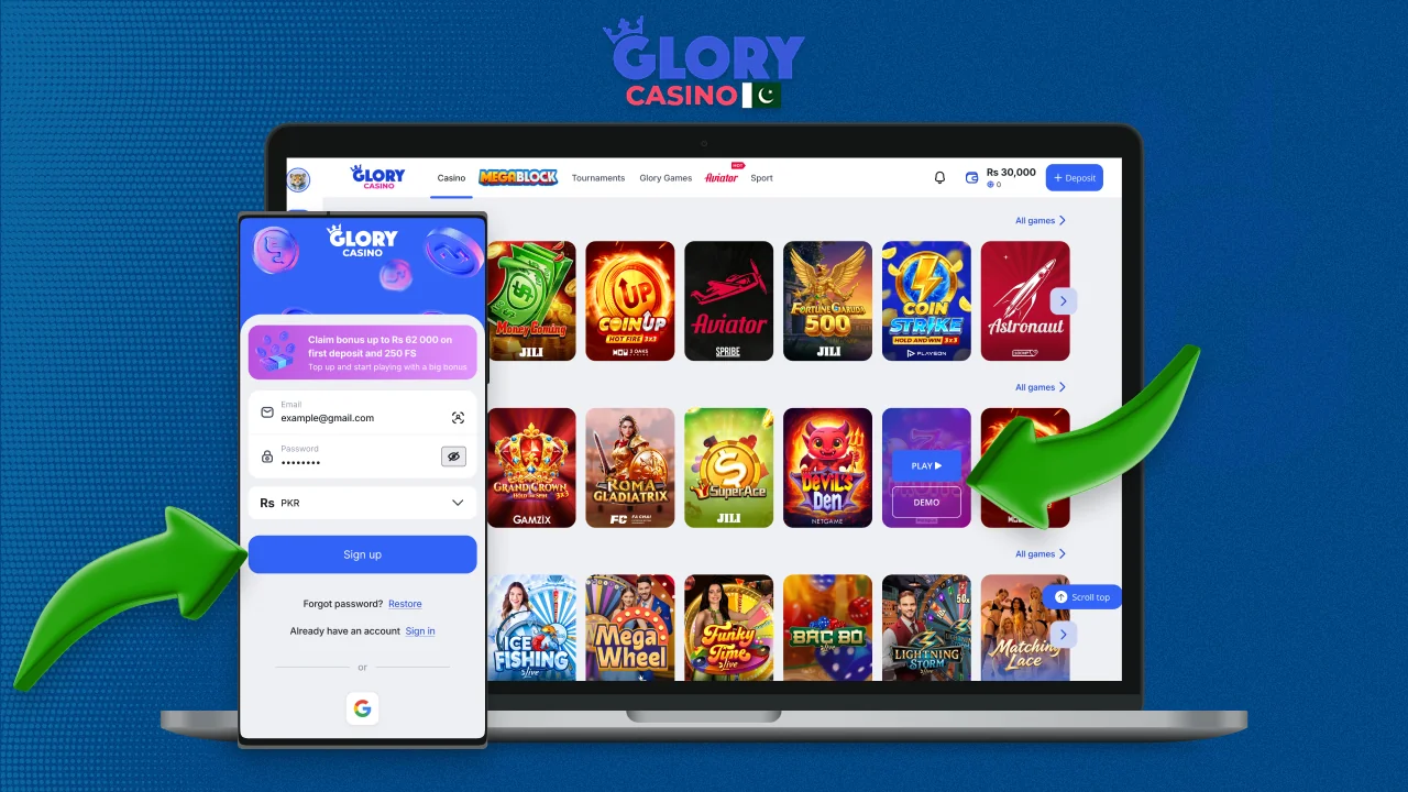 Instructions to start playing at Glory Casino Pakistan